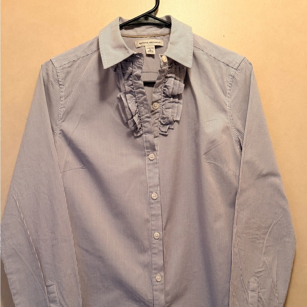 Banana Republic Light Blue & White Pinstripe Ruffle Dress Shirt